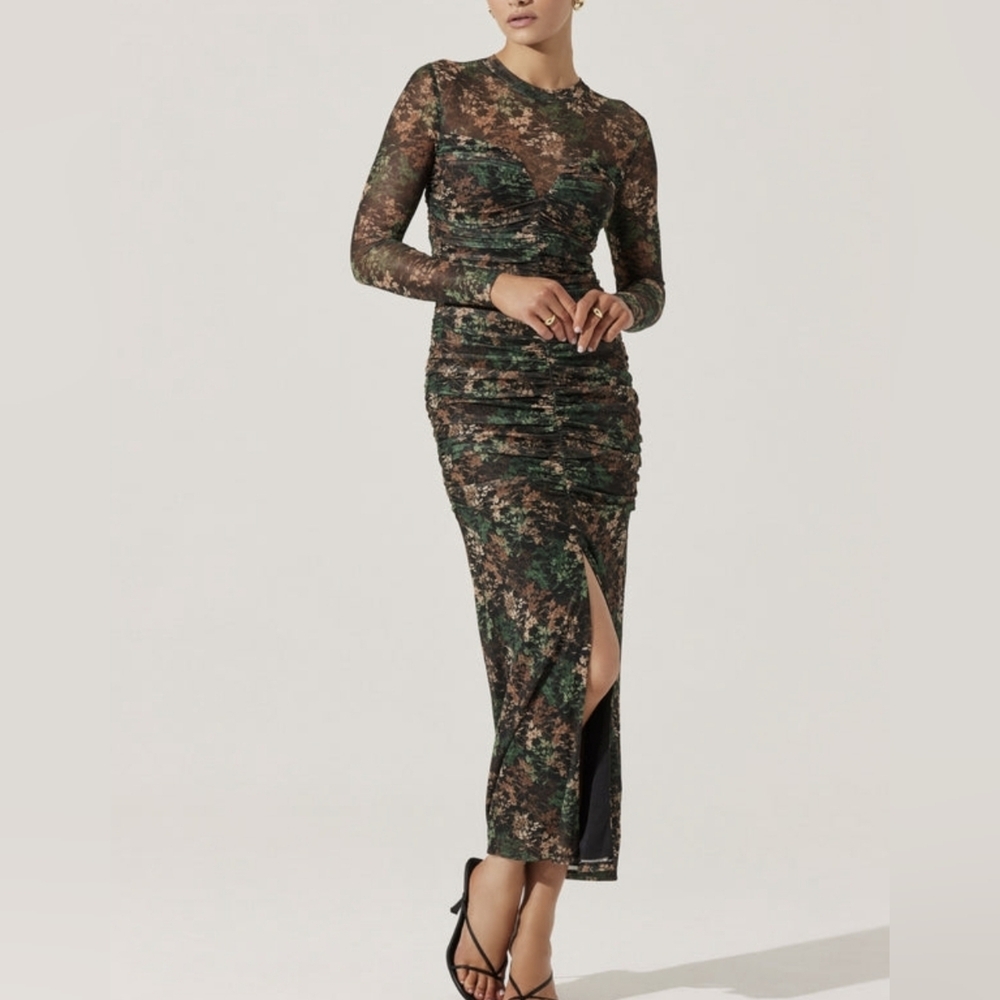Astr Green and Brown Long Sleeve Ruched Midi Dress
